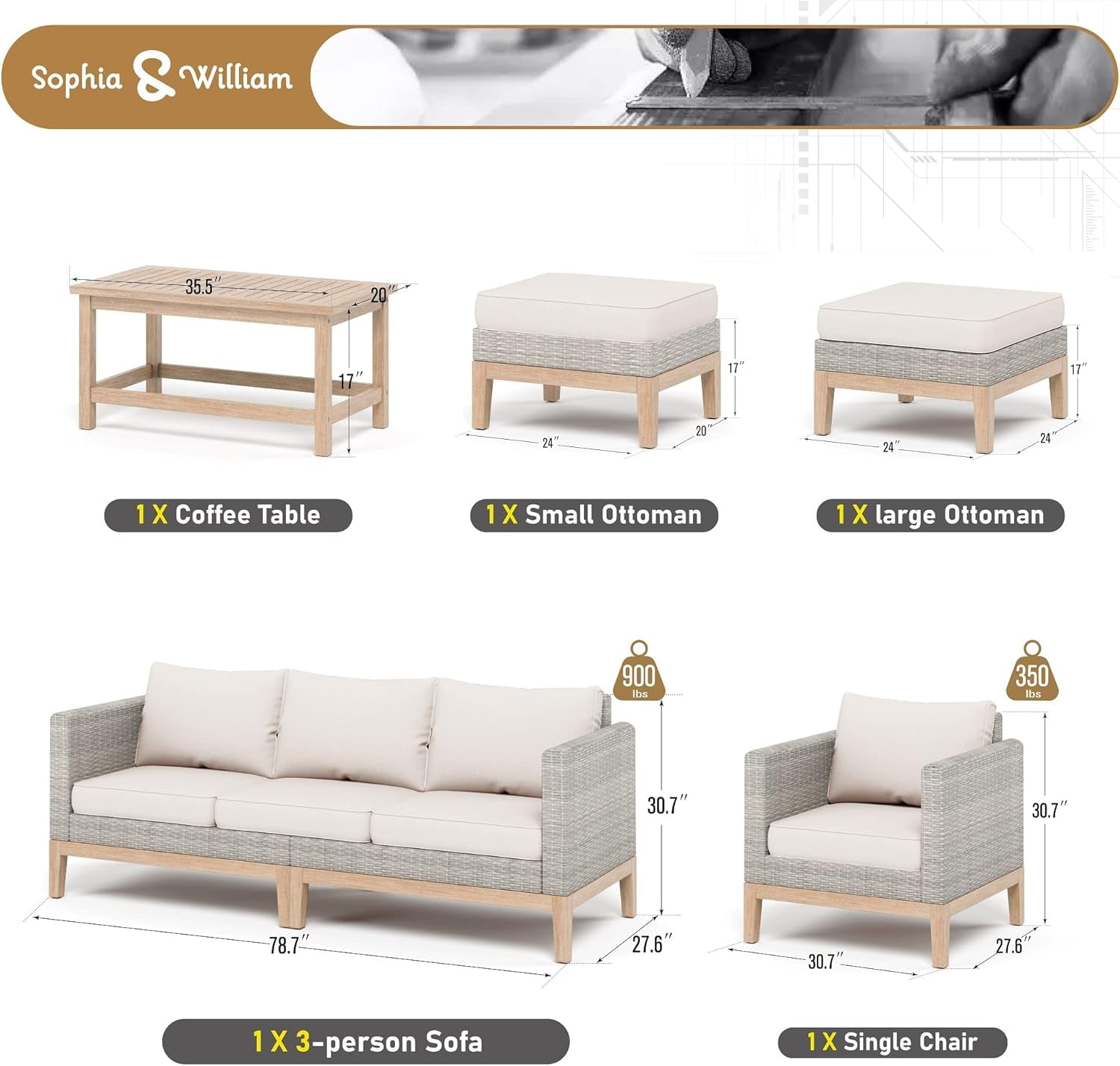 Outdoor Patio Furniture Sets, 5-Piece All-Weather Patio Conversation Set, High Back Wicker Rattan Setional Sofa with Large Single Sofa Chairs, Ottomans & Wooden Coffee Table (Beige)-2