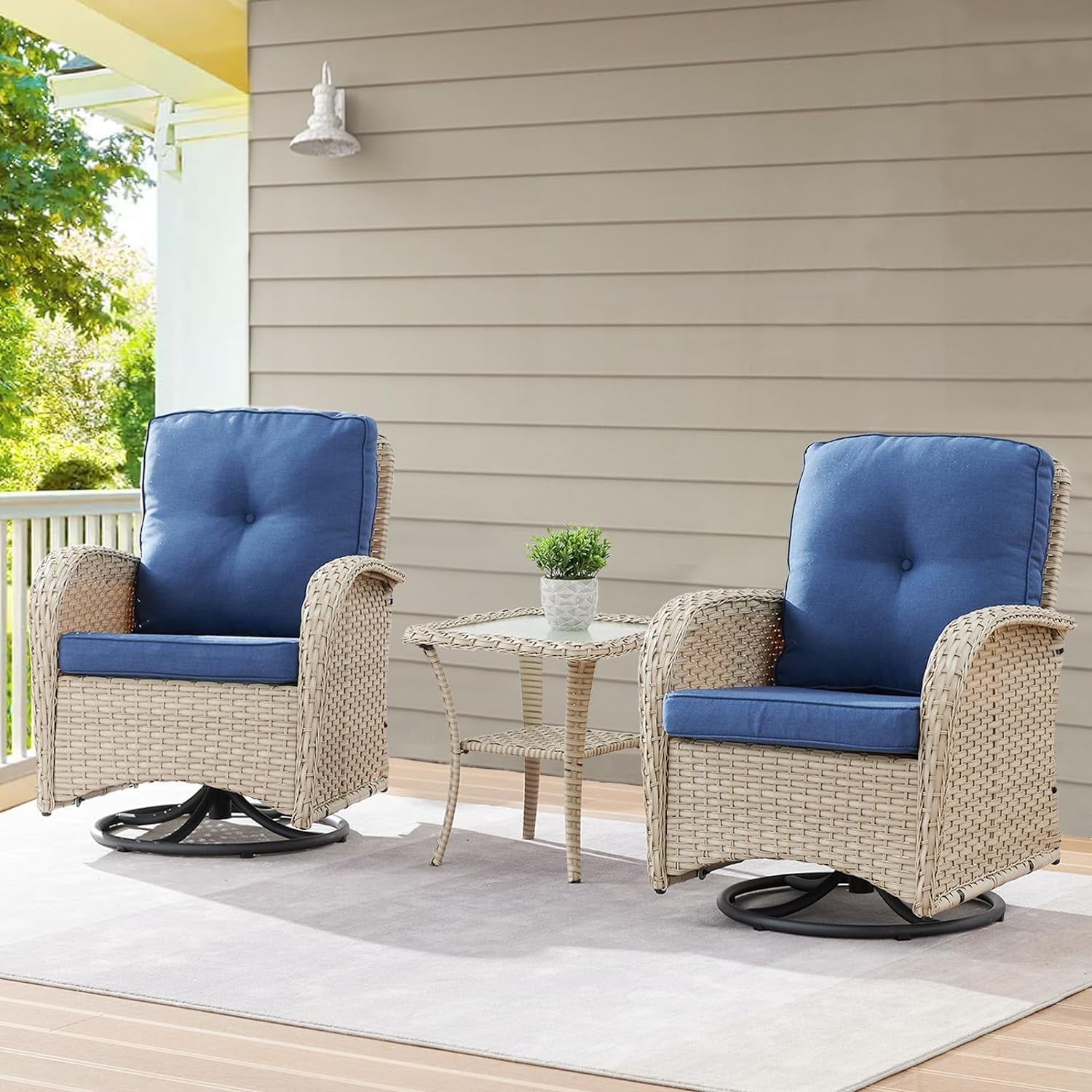 Patio Wicker Chairs Swivel Rocker - Outdoor Swivel Rocking Chairs Set of 2 with Rattan Side Table,3 Piece Patio Swivel Glider Chair Furniture Sets for Patio Porch Pool Light Beige/Blue-0