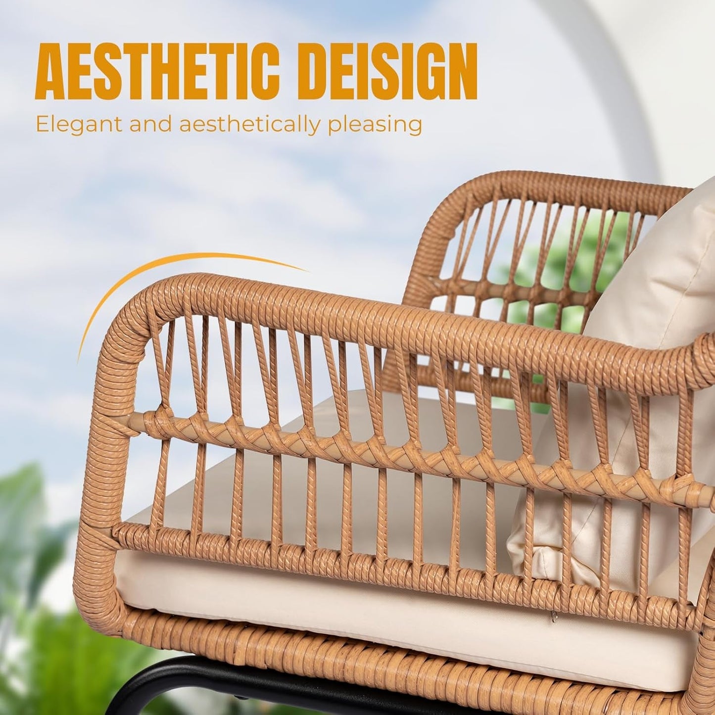3 Pieces Outdoor Wicker Bistro Patio Furniture Set, Porch Furniture Rattan Conversation Sets with Side Table and Cushions for Garden Poolside Backyard, Yellow/Beige-2