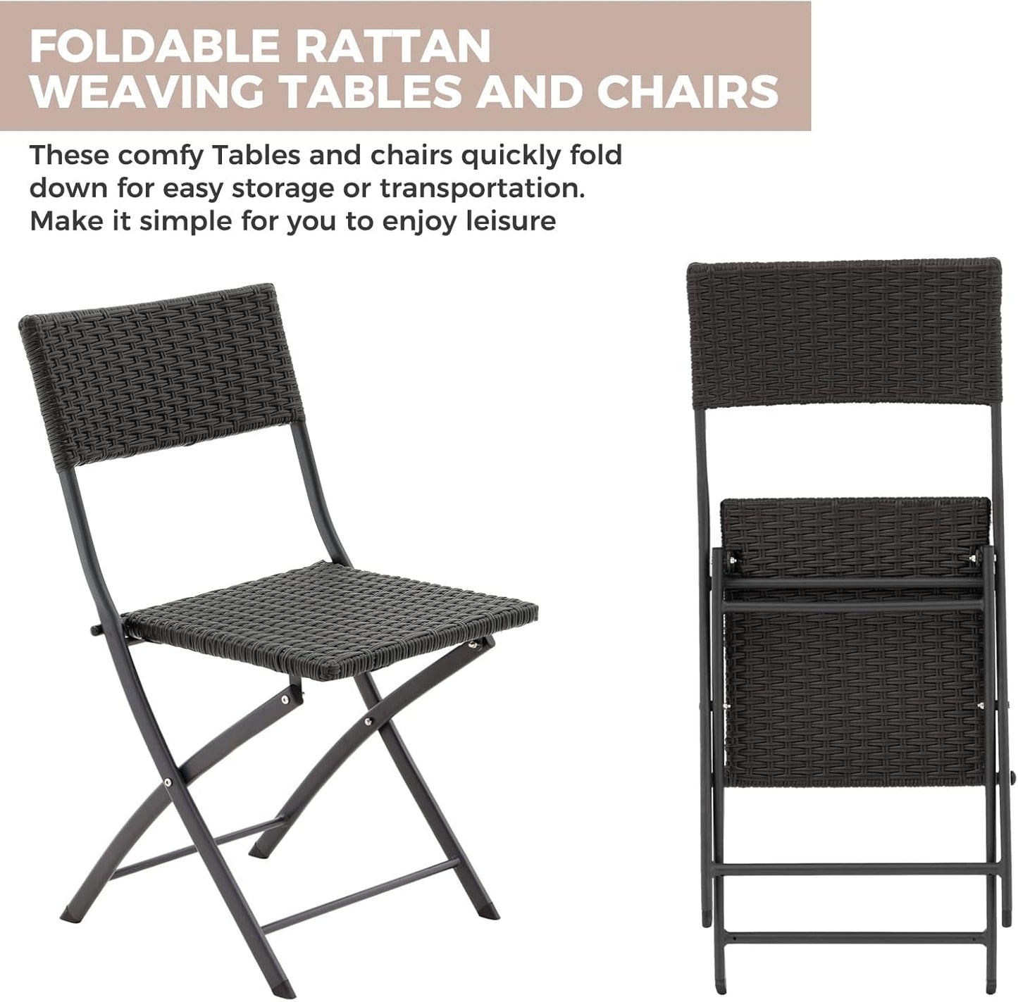 Rattan Patio Bistro Set, 3 Piece Foldable Outdoor Patio Furniture Sets, with Folding Table and Two Chairs, for Garden, Backyard, Pool, Lawn, Porch, Balcony, All Weather Rattan Style (Black)-3