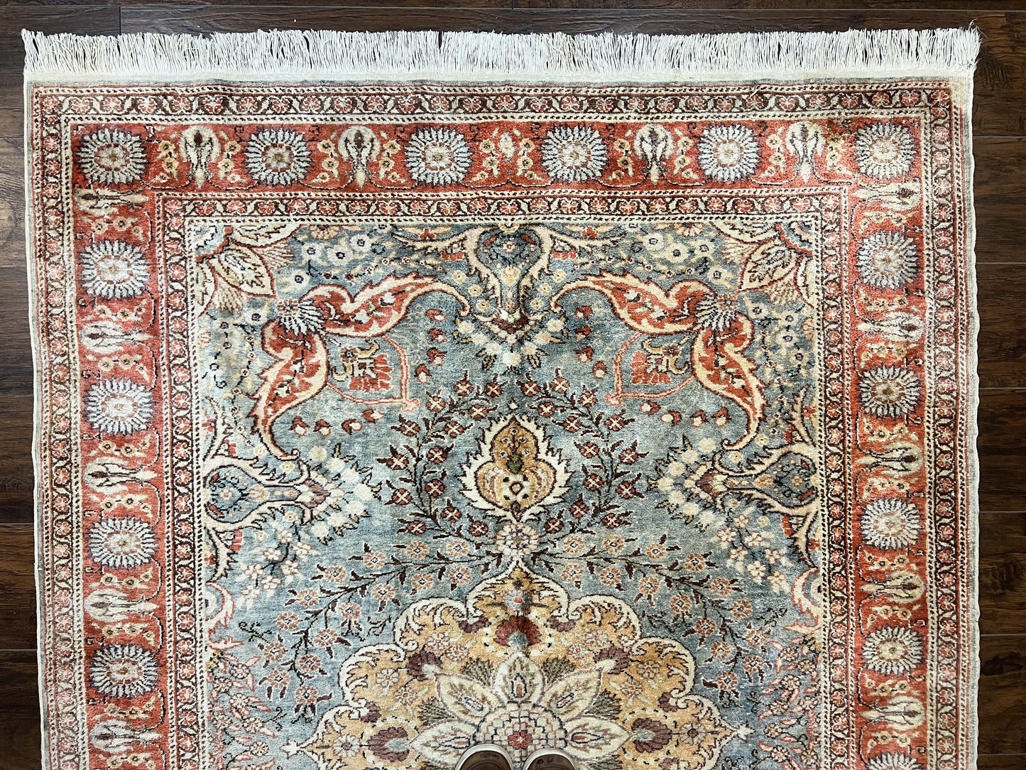 Silk Turkish Rug 5x7, Light Blue Silk Carpet, Floral Medallion, Turkish Kayseri Rug, Vintage Handmade Oriental Rug-1