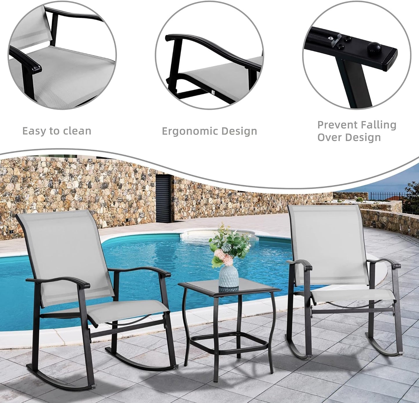 Elegant Three Piece Outdoor Rocking Bistro Furniture Set