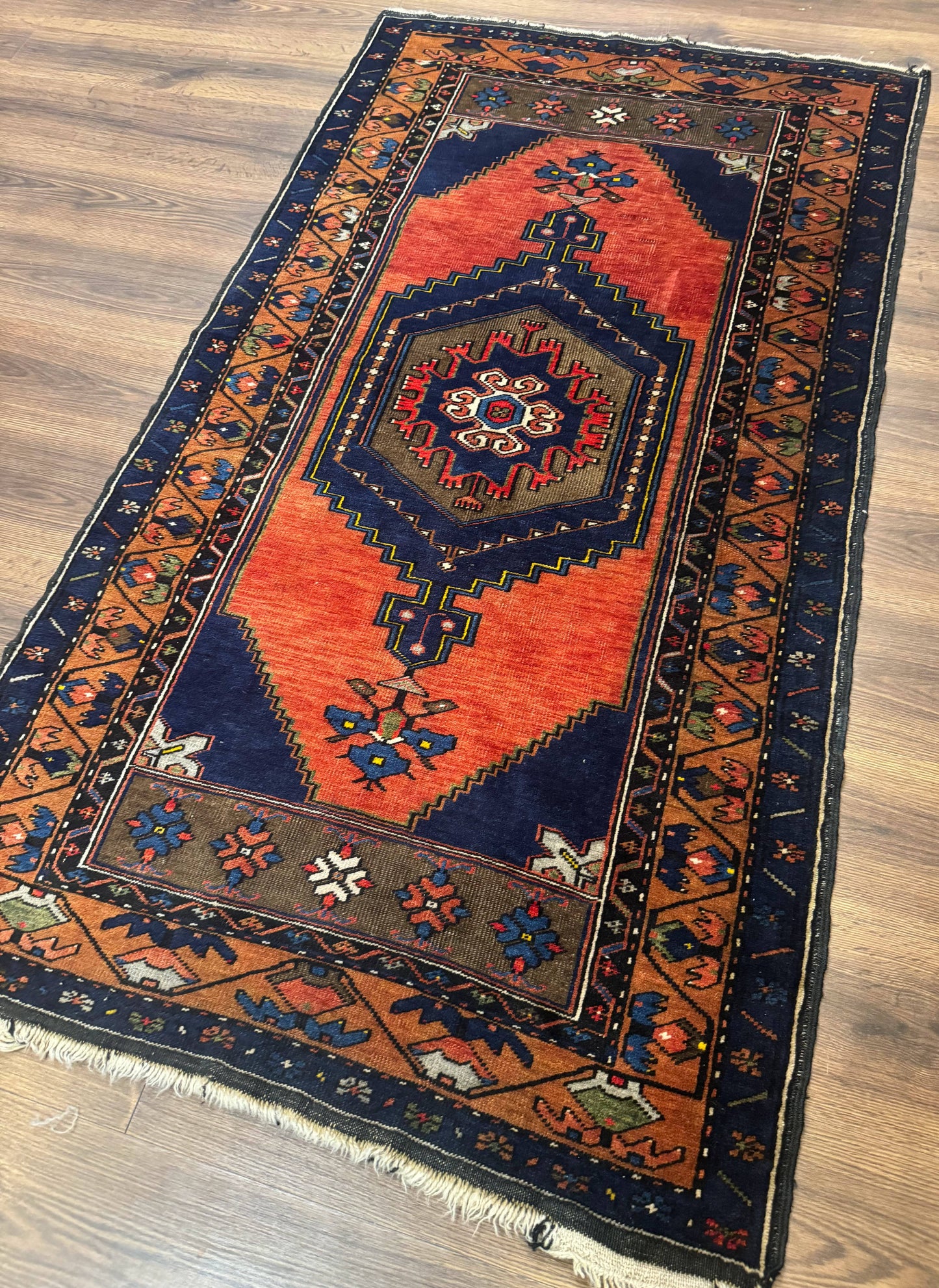 Persian Rug 3x6, Geometric Medallion, Village Tribal Rug, Terracotta and Navy Blue, Antique Nahavand Hamadan Rug-1