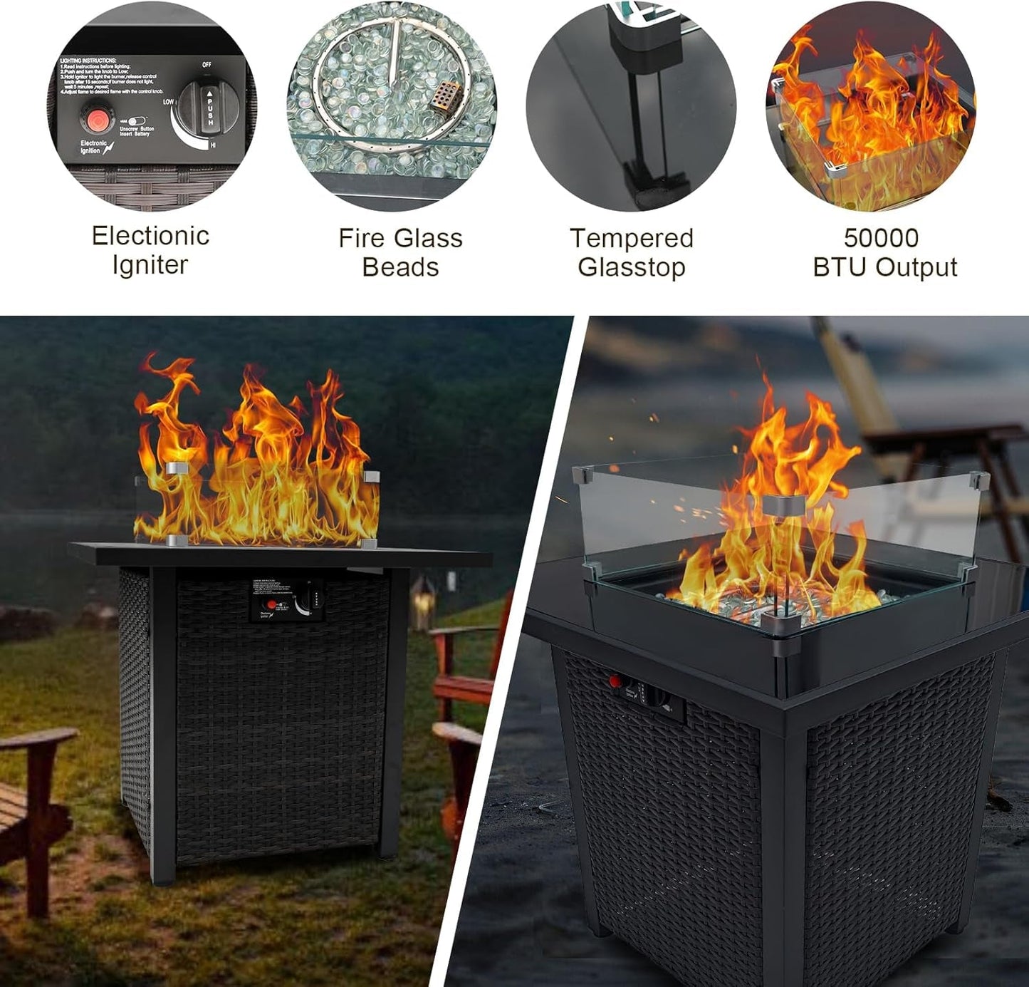 8-Piece Patio Set Furniture Rattan Wicker Outdoor Sectional Sofa with 28" Gas Fire Pit Set and Cushions, Conversation Set for Backyard, Patio, Garden, Brown/Peacock Blue-4