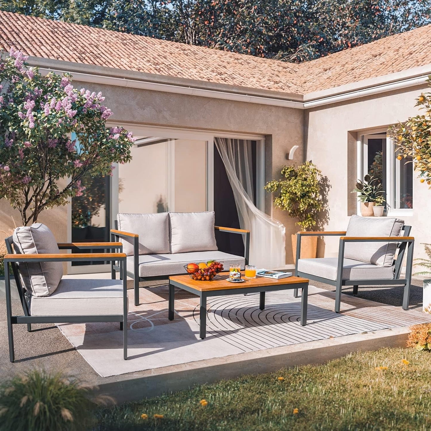 Patio Furniture 4 Pieces, Outdoor Conversation Set with Acacia and Metal Coffee Table, Loveseat and 2 Single Chairs, for Yard, Garden, Porch, Beige