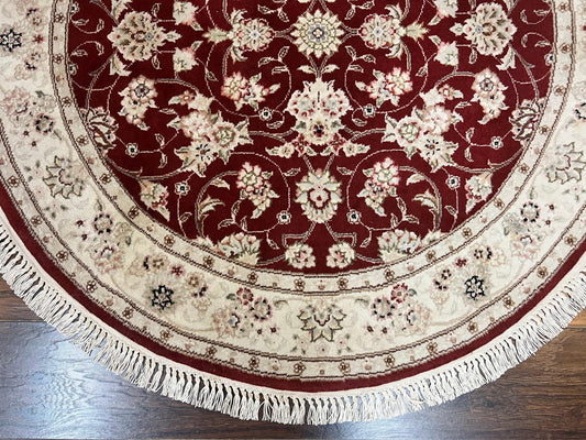 Sino Persian Round Rug 4x4, Wool Hand Knotted Oriental Carpet, Maroon & Ivory Vintage Rug, Floral Rug, Traditional Rug 4 x 4, Fine Rug