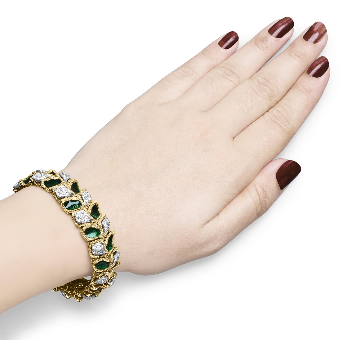 18K Yellow Gold 3 1/4 Cttw Diamond and Green Enamel Gold Textured Bracelet (G-H Color, VS1-VS2 Clarity) - 7" Inches-3