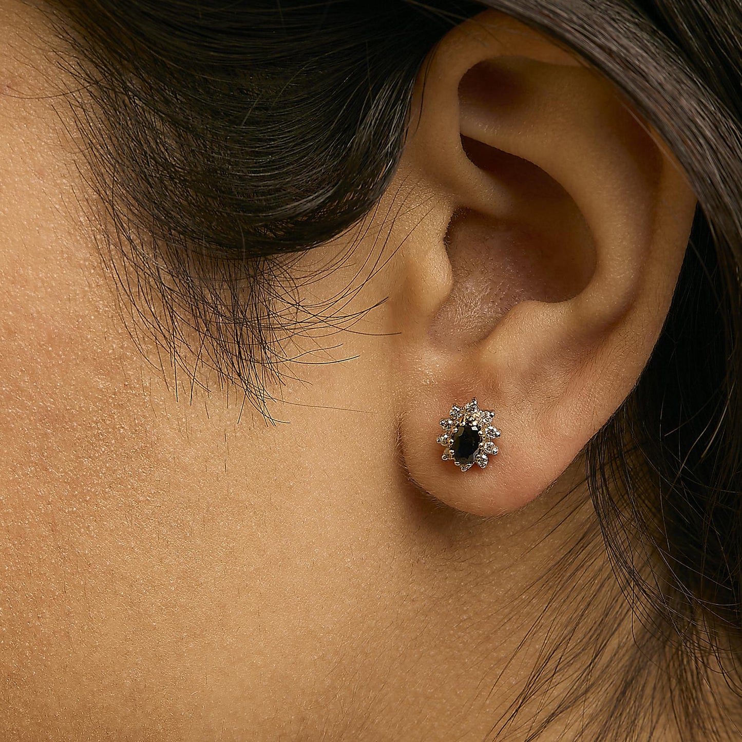 14K Yellow Gold 1/4 Cttw Diamond and Blue Sapphire Sunburst Halo Stud Earrings (K-L Color, I1-I2 Clarity)-3