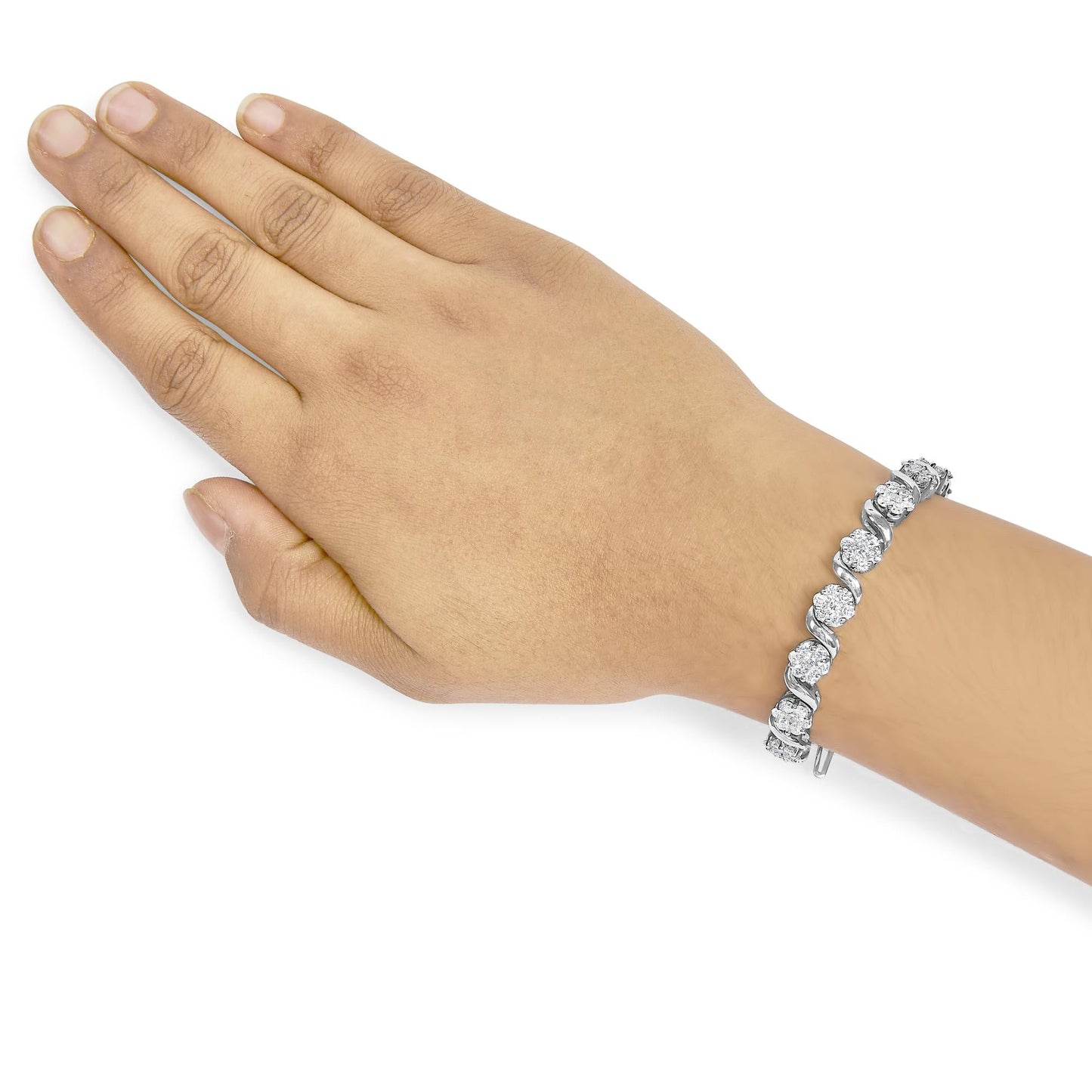 14K White Gold 7 3/8 Cttw Round Brilliant Diamond Floral Cluster and S Link Bracelet (H-I Color, SI2-I1 Clarity) - 7" Inches-4
