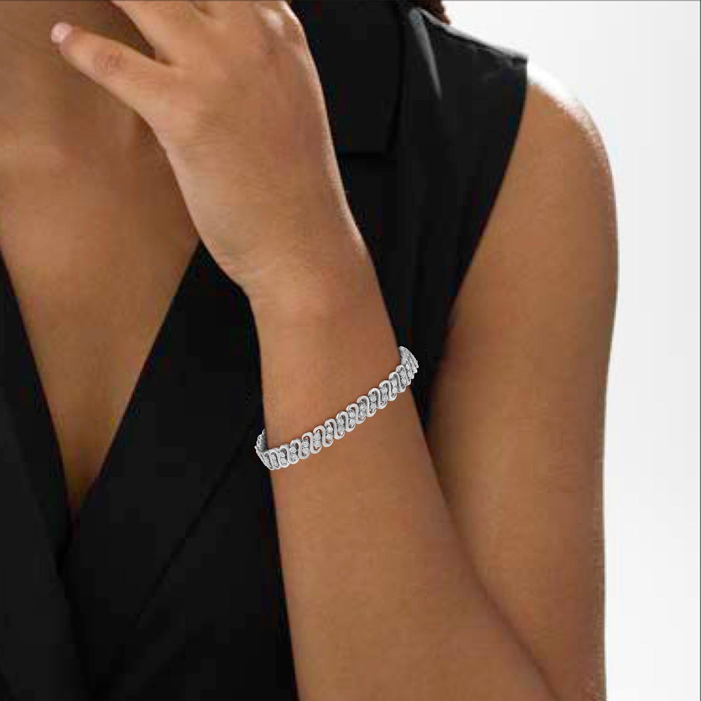 .925 Sterling Silver 1/4 cttw Round-Cut Diamond Double Row Wrapped S-Link Bracelet (I-J Color, I2-I3 Clarity) - Size 7.25"-4