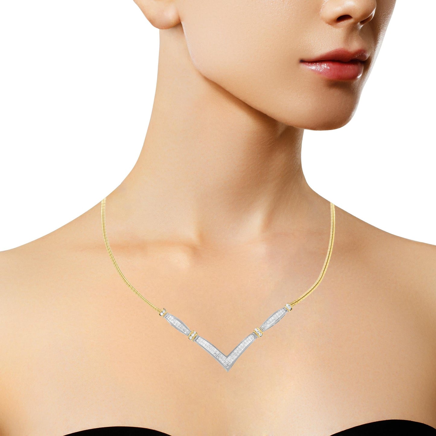 14K Yellow and White Gold 2.00 Cttw Round and Princess-Cut Diamond 'V' Shape Statement Necklace (H-I Color, SI2-I1 Clarity) - 18"-3