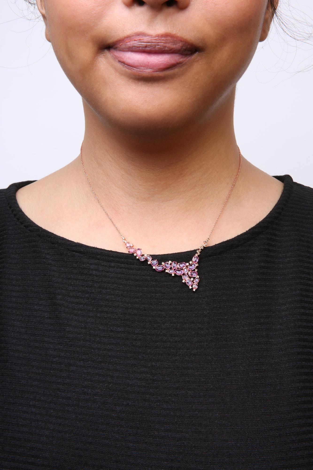 18K Rose Gold 1/2 Cttw Brown Diamond and Multi-Size Oval Pink Sapphire Cluster Cascade Statement Station Necklace (Brown Color, SI1-SI2 Clarity) - Adjustable up to 14" to 16"-3