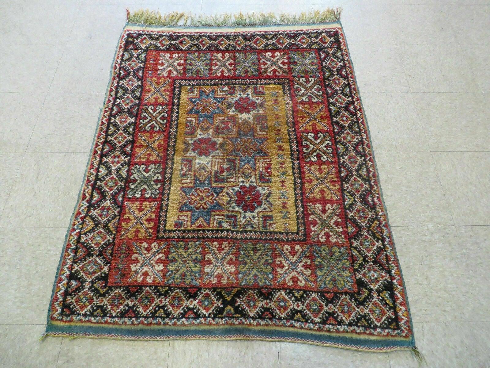 Vintage Moroccan Rug 4x5 ft, Bronze Red Black, Geometric Stars, High Quality Moroccan Carpet, Berber Rug, Handmade Wool Area Rug, Unique Rug-0