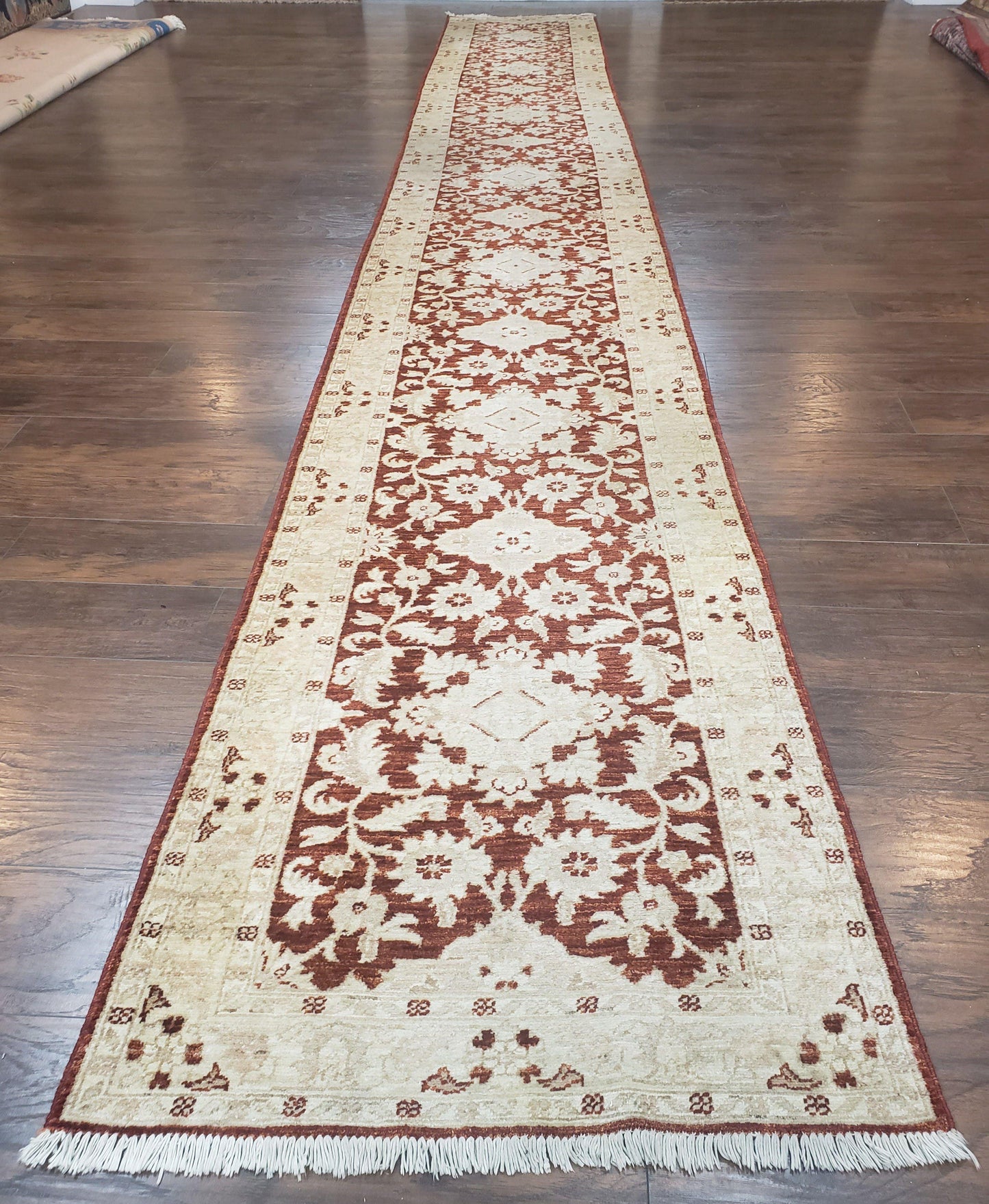 21 ft Runner Rug Long Hallway Runner, 3 x 21 Corridor Rug, Peshawar Pak Persian Chobi Agra Rug, Maroon and Beige Large Flowers Wool Handmade-0