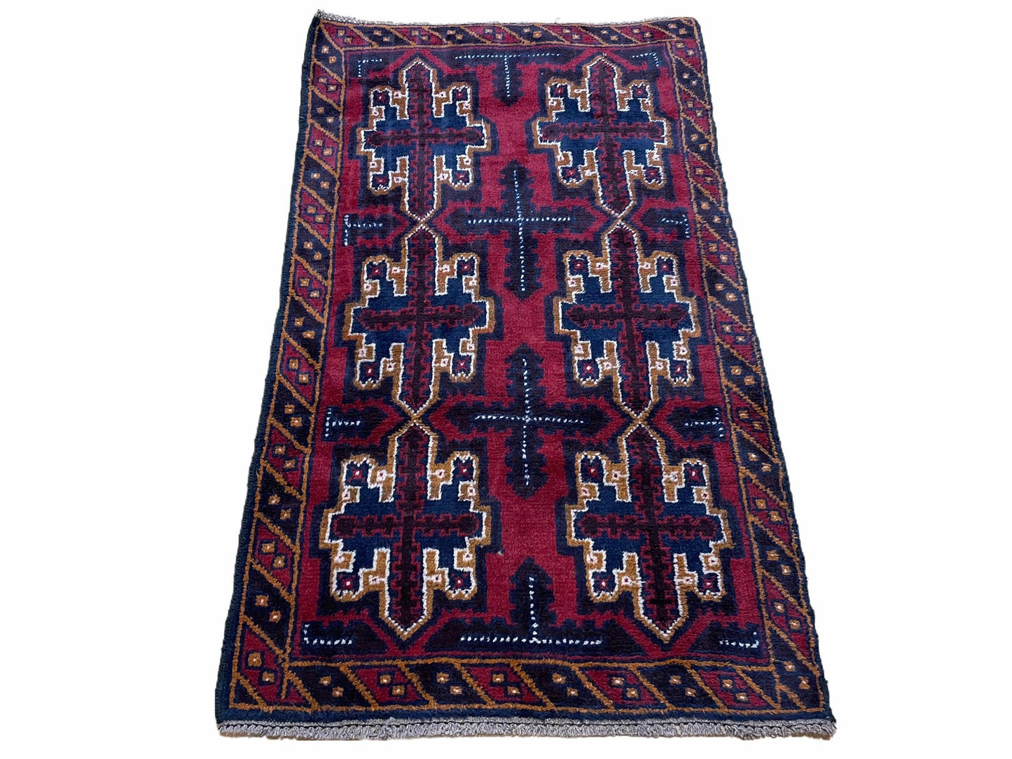2' 7" X 4' 6" Vintage Handmade Tribal Wool Rug Balouchi Rug Afghan Rug Red Blue-0