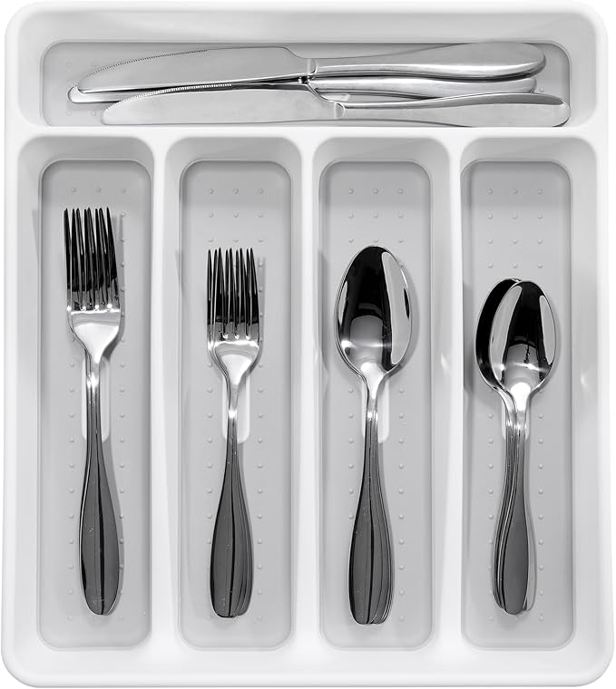 Madesmart Classic Small Silverware Tray - White | CLASSIC COLLECTION | 5-Compartments | Icons help sort Flatware, Utensils and Cutlery | Soft-grip Lining and Non-slip Feet | BPA-Fre e