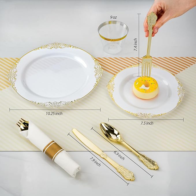 350PCS Gold Plastic Plates for 50 Guests, Disposable Dinnerware Sets Include 100 Gold Rim Plastic Plates, 50 Silverwares, 50 Cups, and 50 Pre Rolled Napkins for Party, Wedding, Graduation