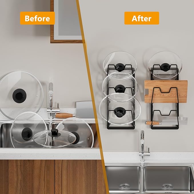 FEIZHI pot lid organizer Rack, 3-tier adjustable and removable Pot Lids Holder for Kitchen Cabinet Door/Wall, No Drilling Adhesive Wall/Door Mounted Rustproof pots and pans organizer under cabinet