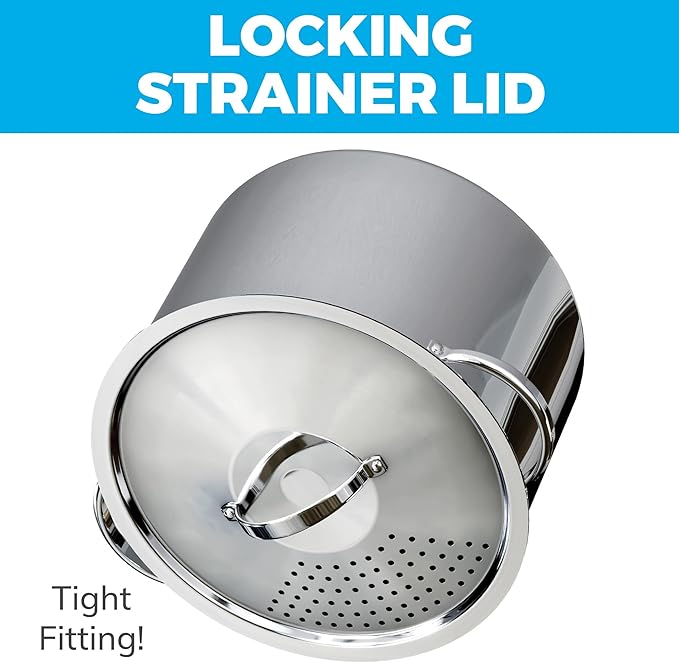 Stainless Steel Pasta Pot with Strainer Lid - 5.5 Quart Large Spaghetti Pot - Twist & Lock for Easy Drain & No Colander Or Strainer Basket Insert Needed - Dishwasher Safe Pots