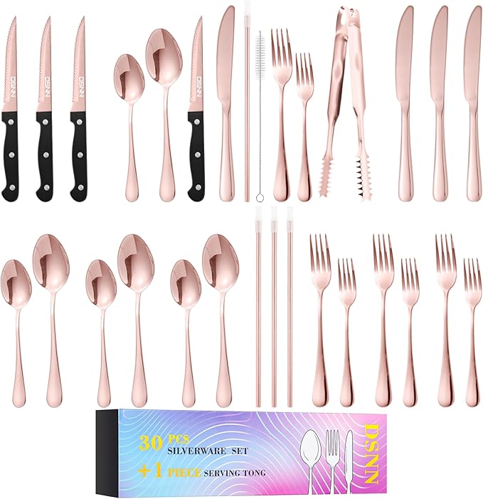 30 Pieces Rose Gold Silverware Sets Plus Serving Tong,Stainless Steel Flatware Set with Metal Straw for 4, DSNN Home Kitchen Utensil Cutlery Set,Include Forks Spoons and Knives Set