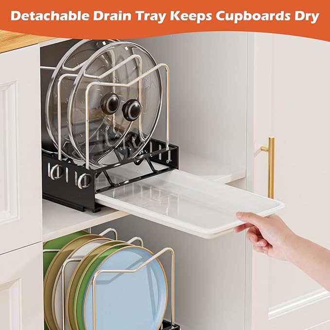Pots and Pans Organizer Under Cabinet, Pot Lid Pan Organizer Inside Cabinet, Pull Out Cabinet Organizer with Drain Pan, Pot Organizer Rack for Under Cabinet Featuring 7 Adjustable Dividers