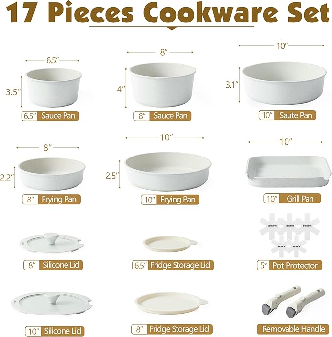 SENSARTE 17 Piece Pots and Pans Set, Nonstick Detachable Handle Cookware Set, Induction     Kitchen Cookware Set with Removable Handle, Healthy Non Stick for RV, Dishwasher & Oven Safe, PFOA Free (White)