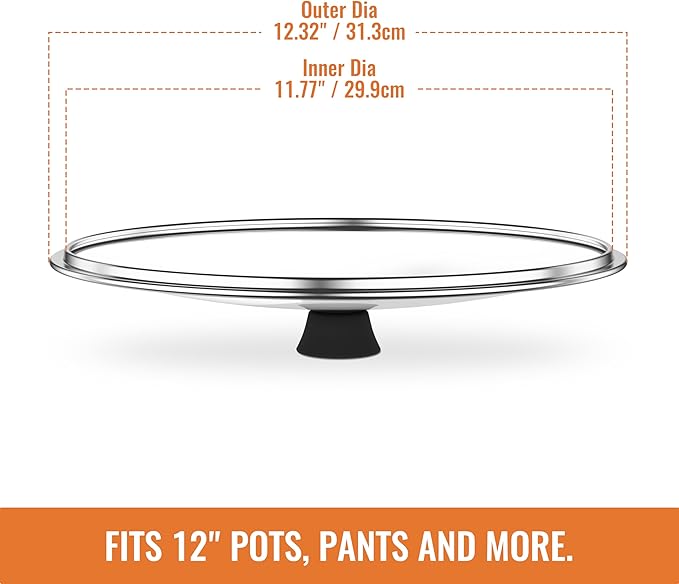12 Inch Pan Lid For Pots Pans and Skillets, Cast Iron Skillet Lid, Large Tempered Glass Frying Pan Lids/Pot Cover Replacement, Crock Pot Lid with Wide Stainless Steel Rim, Cookware Pot Cover
