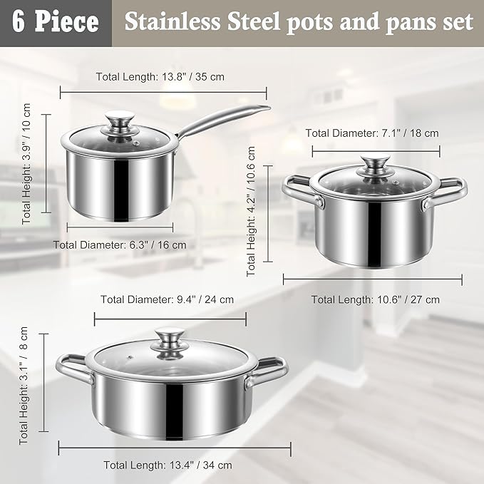 Stainless Steel pots and pans set, 6 Piece Nonstick Induction Kitchen Cookware Set, Works with Induction/Electric and Gas Cooktops, Nonstick, Oven Safe, Camping Cookware