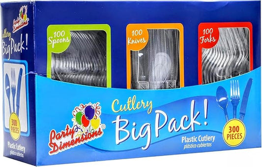 Party Dimensions 300 Count Plastic Cutlery Combo Box, Disposable Clear Plastic Silverware Utensils Set, 100 Forks, 100 spoons, 100 knives