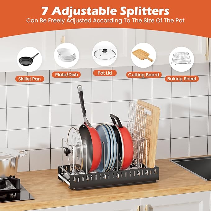 Pots and Pans Organizer Under Cabinet, Pot Lid Pan Organizer Inside Cabinet, Pull Out Cabinet Organizer with Drain Pan, Pot Organizer Rack for Under Cabinet Featuring 7 Adjustable Dividers