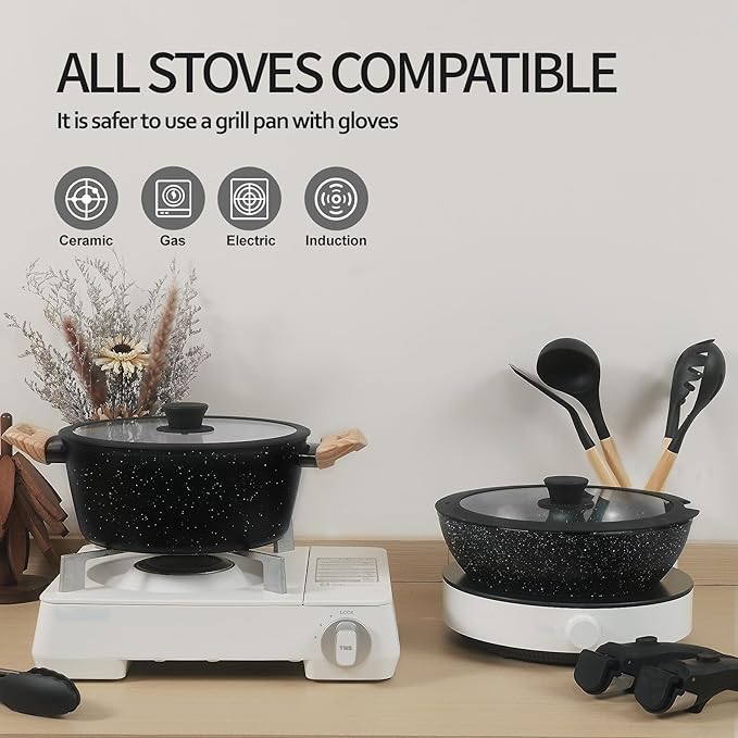 23PCS Ceramic Nonstick Cookware Set, Nonstick Detachable Handle Ceramic Cookware, Induction Kitchen Cooking Set with Removable Handle,include Frying Pans & Saucepans Oven Safe(Black)