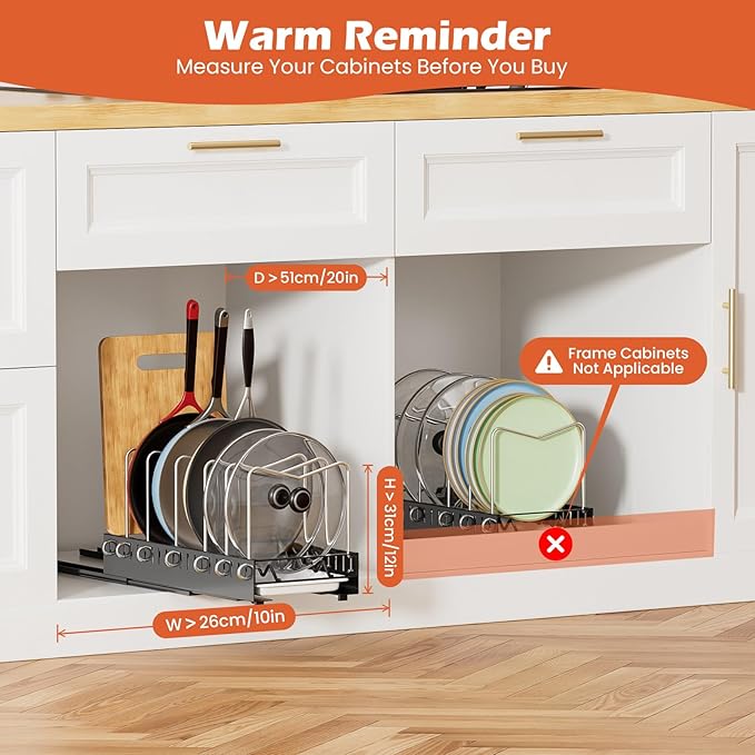 Pots and Pans Organizer Under Cabinet, Pot Lid Pan Organizer Inside Cabinet, Pull Out Cabinet Organizer with Drain Pan, Pot Organizer Rack for Under Cabinet Featuring 7 Adjustable Dividers