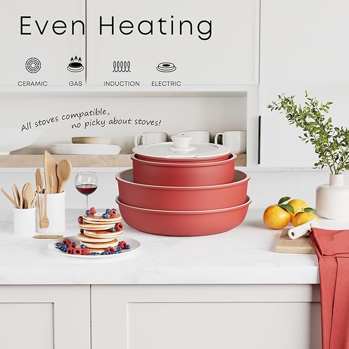 Caannasweis Detachable Nonstick Cookware Set - Stackable Induction Pots and Pans With Removable Handles, Dishwasher Safe - For RV Camping, Oven and Stovetop Use, 5 Pieces (Red)