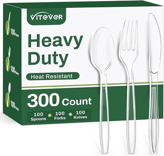 300 Count Heavy Duty Clear Plastic Silverware, Disposable Plastic Utensils Set, 100 Forks, 100 Spoons, 100 Knives, BPA-Free Heat Resistant Durable Plastic Cutlery Set for Party