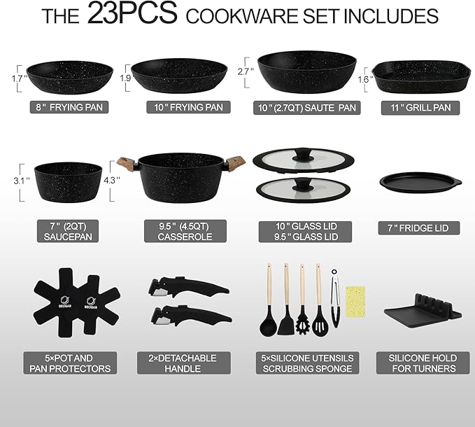 23PCS Ceramic Nonstick Cookware Set, Nonstick Detachable Handle Ceramic Cookware, Induction Kitchen Cooking Set with Removable Handle,include Frying Pans & Saucepans Oven Safe(Black)