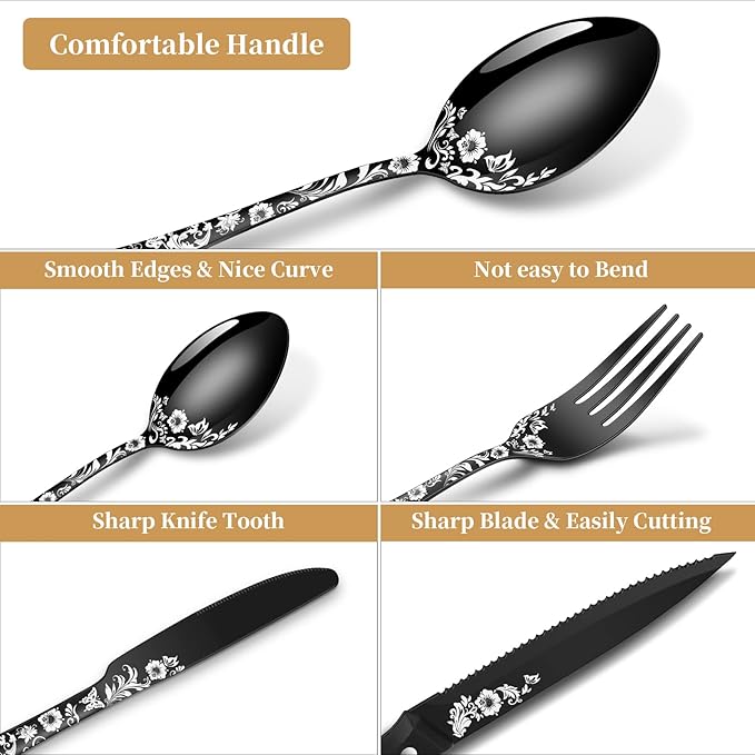 24-Piece Black Silverware Set with Steak Knife, Black Flatware Sets for 4, Stainless Steel Cutlery Set Includes Forks Knives Spoons,Unique Pattern Design,Mirror Polished and Dishwasher Safe
