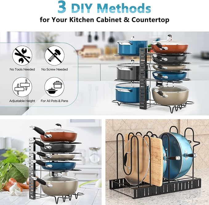 ORDORA 8 Tier Pot and Pan Organizer Rack for Cabinet With 3 DIY Methods, Adjustable Organizer for Pots, Pans and Lids