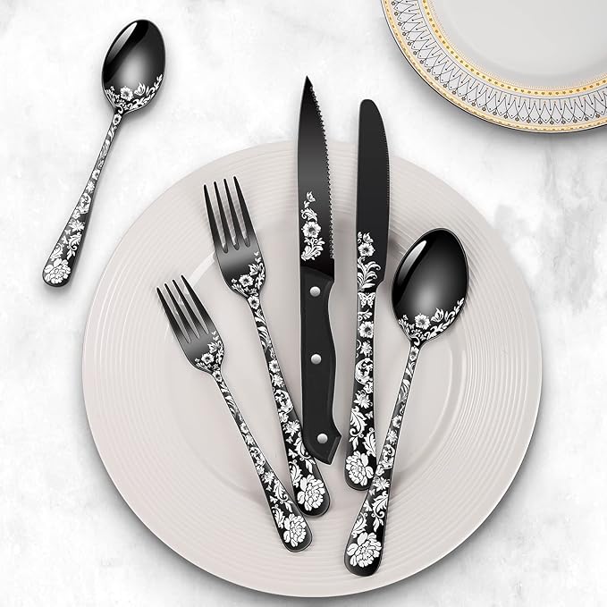 24-Piece Black Silverware Set with Steak Knife, Black Flatware Sets for 4, Stainless Steel Cutlery Set Includes Forks Knives Spoons,Unique Pattern Design,Mirror Polished and Dishwasher Safe