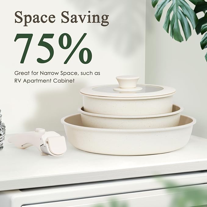 KIKCOIN 7 Pcs Pots and Pans Set Non Stick, Kitchen Cookware Set with 2 Detachable Handles &2 Lids, Non Toxic Induction RV Cooking Set with Removable Hand les, Dishwasher/Oven Safe, Apartment Essentials