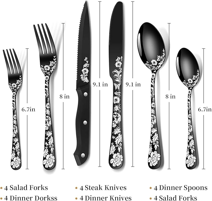 24-Piece Black Silverware Set with Steak Knife, Black Flatware Sets for 4, Stainless Steel Cutlery Set Includes Forks Knives Spoons,Unique Pattern Design,Mirror Polished and Dishwasher Safe
