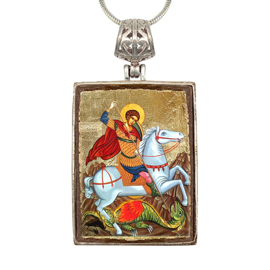 Saint George Religious Jewelry Silver Plated Necklace, Gold-Plated Wooden Cabochon - Orthodox Sacred Icon - Inspirational Icon Decor - 43013R