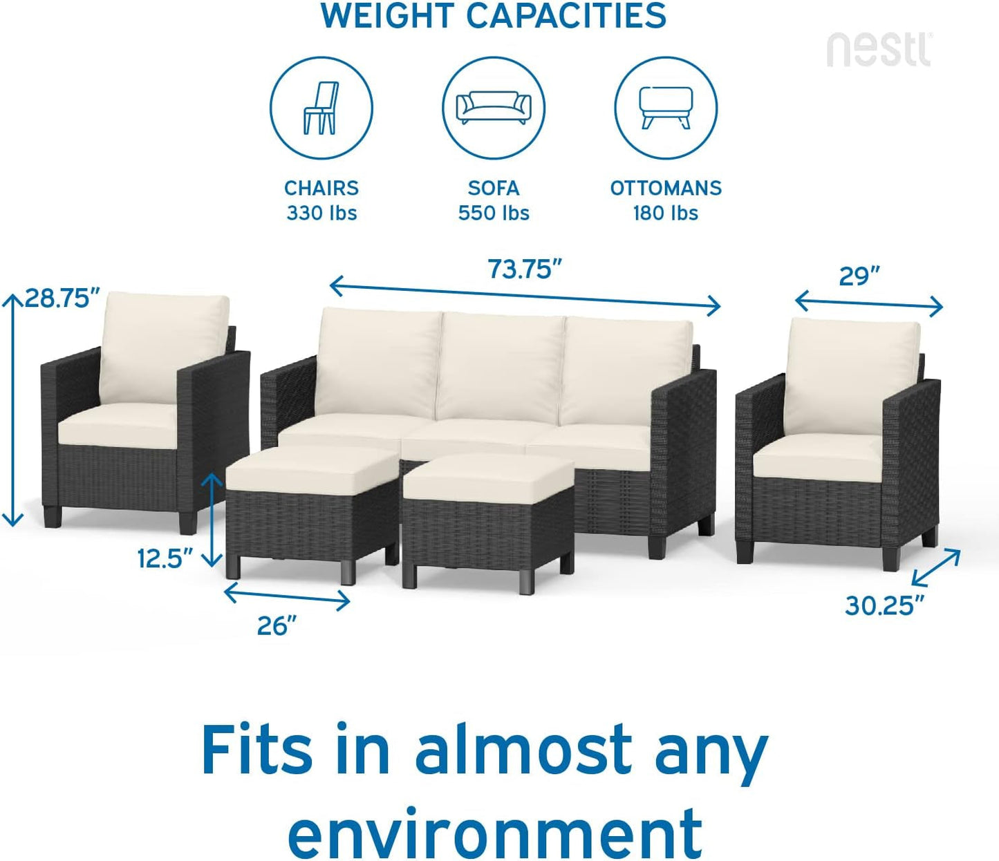 Patio Furniture Set - Outdoor Patio Furniture Sets, Patio Sectional Furniture Set, 5 Piece Patio Furniture Sets, Patio Conversation Sets, Black Wicker Patio Furniture with off White Cushions