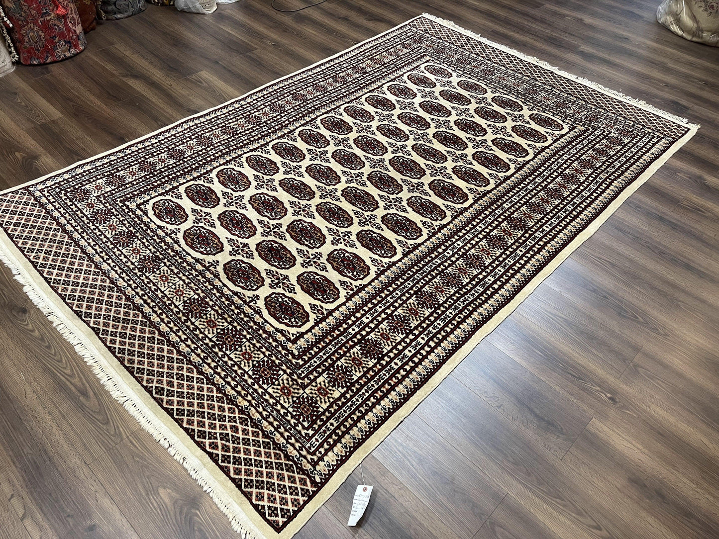 Pakistani Turkoman Rug 6x9, Cream and Red Hand Knotted Wool Oriental Carpet, Yamud Rug, Tribal Rug 6 x 9, Bohemian Area Rug, Bokhara Rug