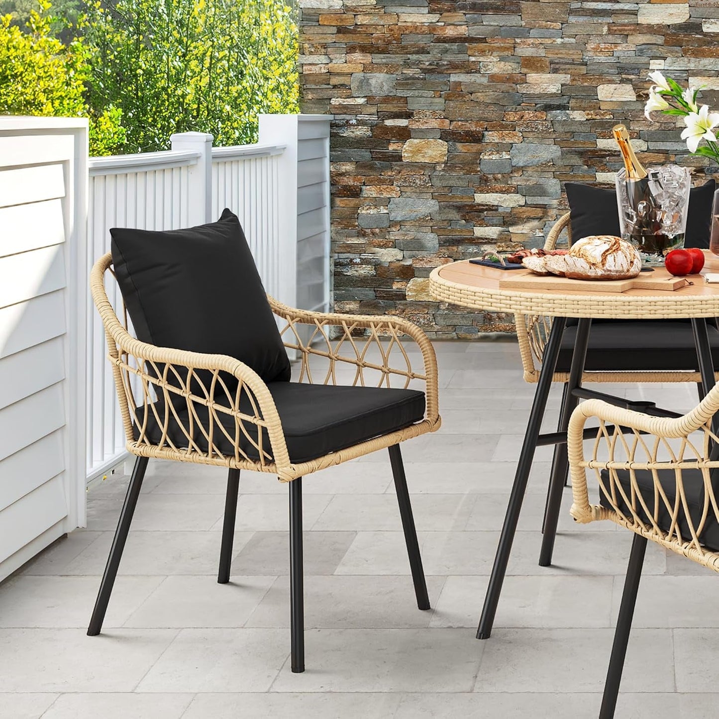 Patio Chairs Set of 4, Outdoor Patio Furniture Dining Chairs, All-Weather Rattan Conversation Chairs with Soft Cushions for Backyard Deck (Light Brown+Black)-4
