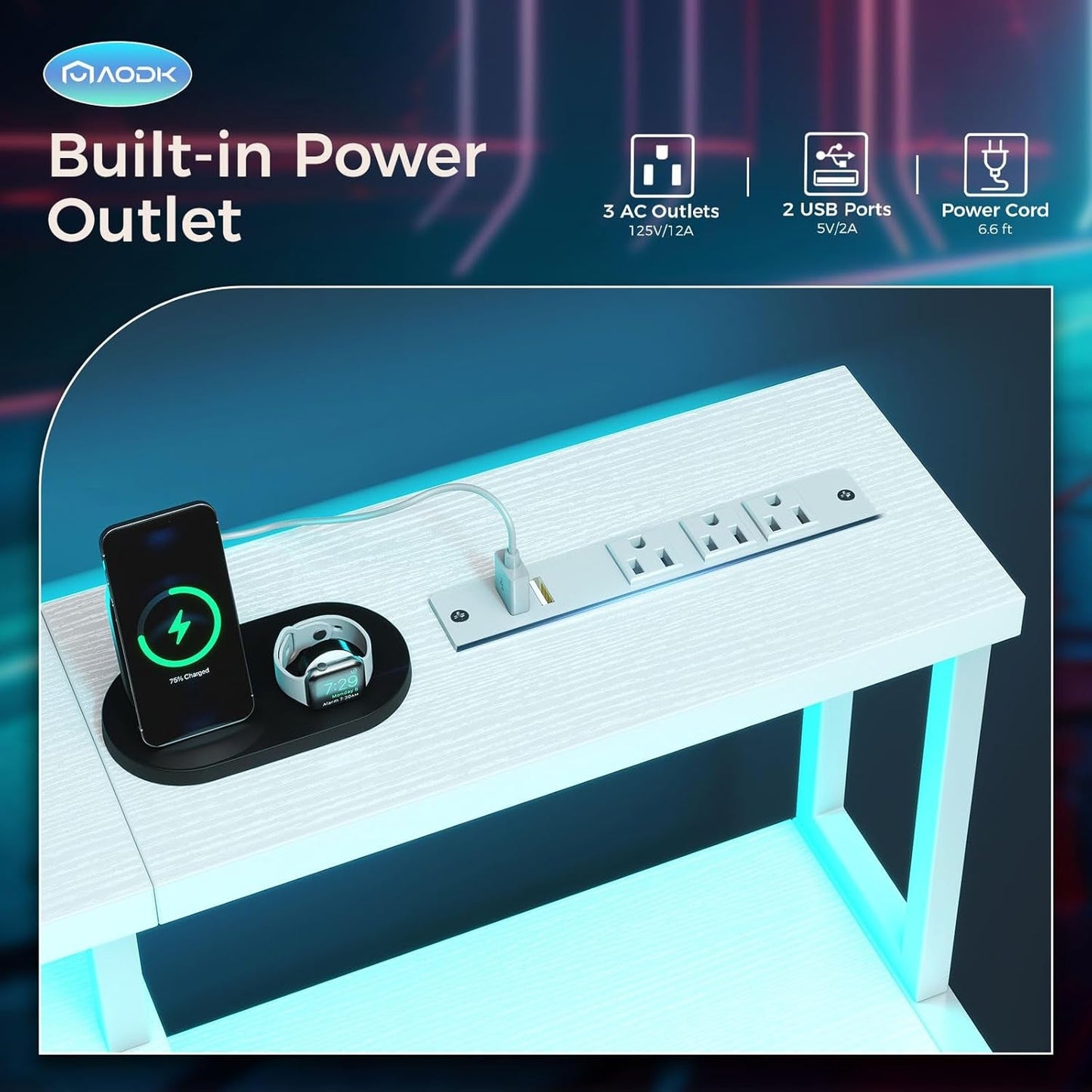 Computer Desk, 48 Inch Gaming Desk with Led Lights & Power Outlet, Office Desk with Printer Storage Shelves, Reversible Desk with Monitor Shelf & Headphone Hook, White