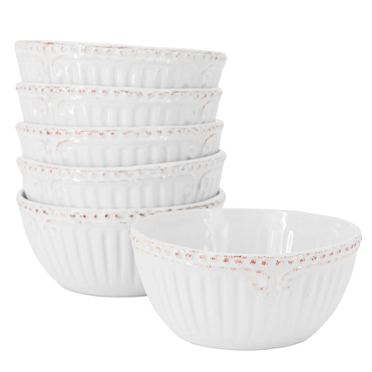 Modern Southern Home Capri 6 Piece 6 Inch Stoneware Embossed Cereal Bowl Set in White