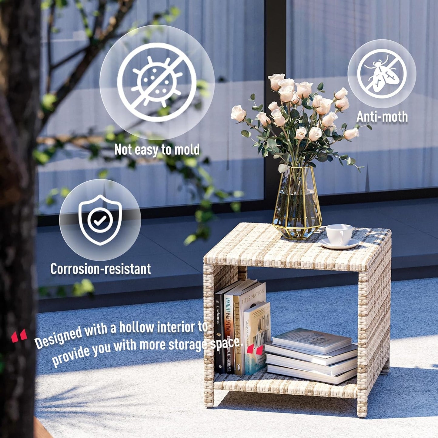 5 Pieces Outdoor Patio Wicker Chairs Set with Ottoman, outside Conversation Furniture Set with Cushions and Coffee for Balcony Porch Lawn Garden Table (Purple Cushion + Grey Rattan)-4