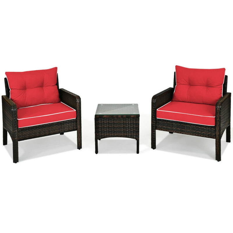 3 Pieces Outdoor Patio Rattan Conversation Set with Seat Cushions-1
