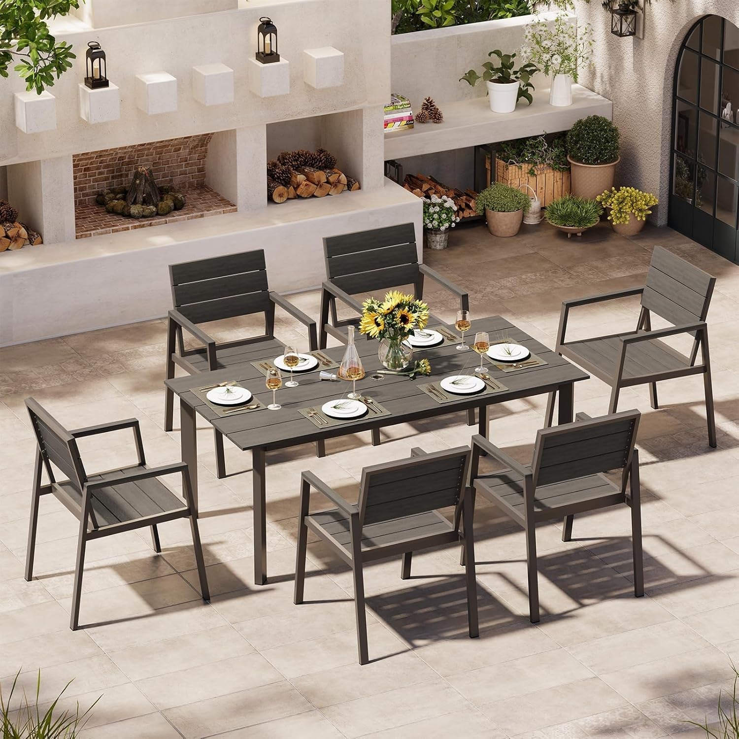 Outdoor Patio Dining Table Sets 7-Piece Aluminum and HDPS All-Weather Table and Chairs with Umbrella Hole, Patio Modern Furniture Sets for Garden, Backyard, Lawn, and Poolside, Charcoal-0
