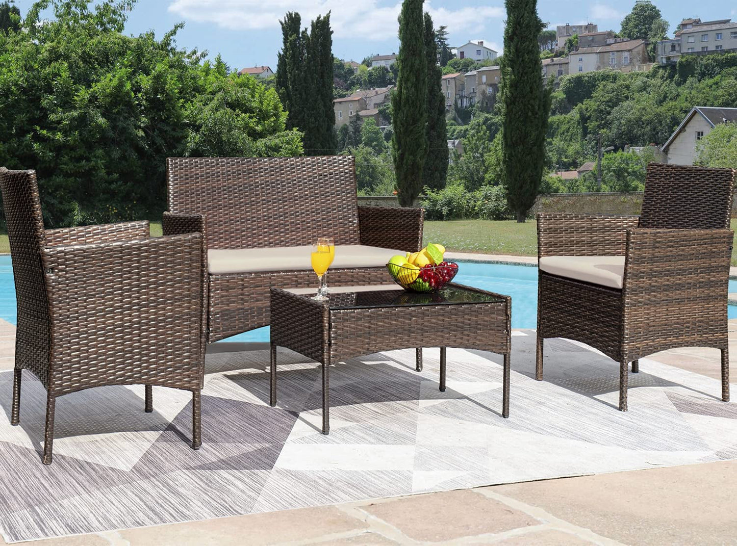 Patio Furniture 4 Pieces Conversation Sets Outdoor Wicker Rattan Chairs Garden Backyard Balcony Porch Poolside Loveseat with Soft Cushion and Glass Table, Brown and Beige-2